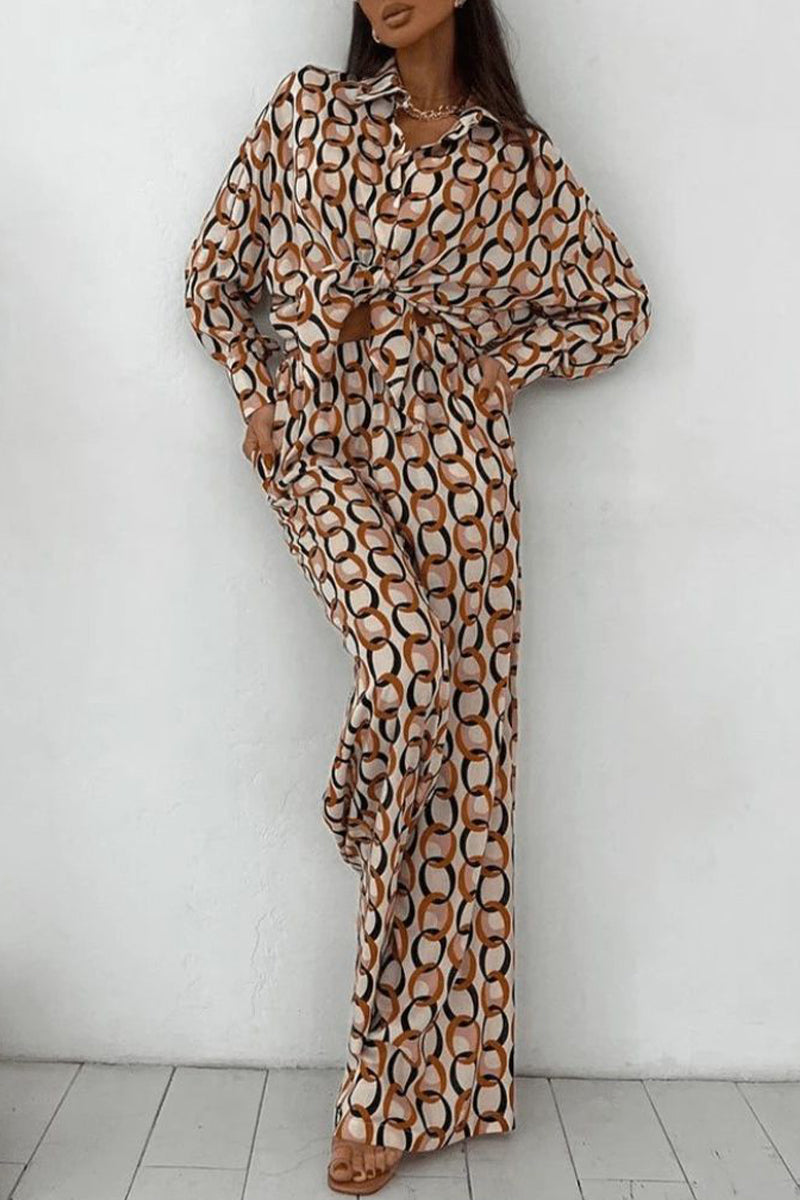 Geometric Print Buttons Turndown Collar Long Sleeve Two Pieces