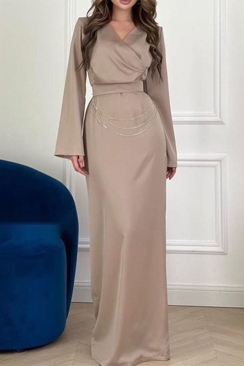 Celebrities Metal Accessories Decoration V Neck One Step Skirt Dresses