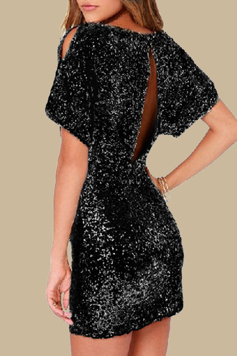 Party Sequins Sequined O Neck Wrapped Skirt Dresses