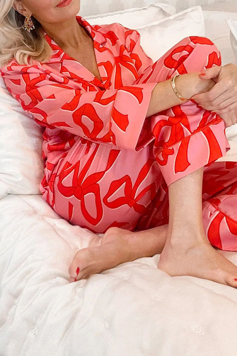 Living Geometric Print Pocket Turndown Collar Long Sleeve Two Pieces