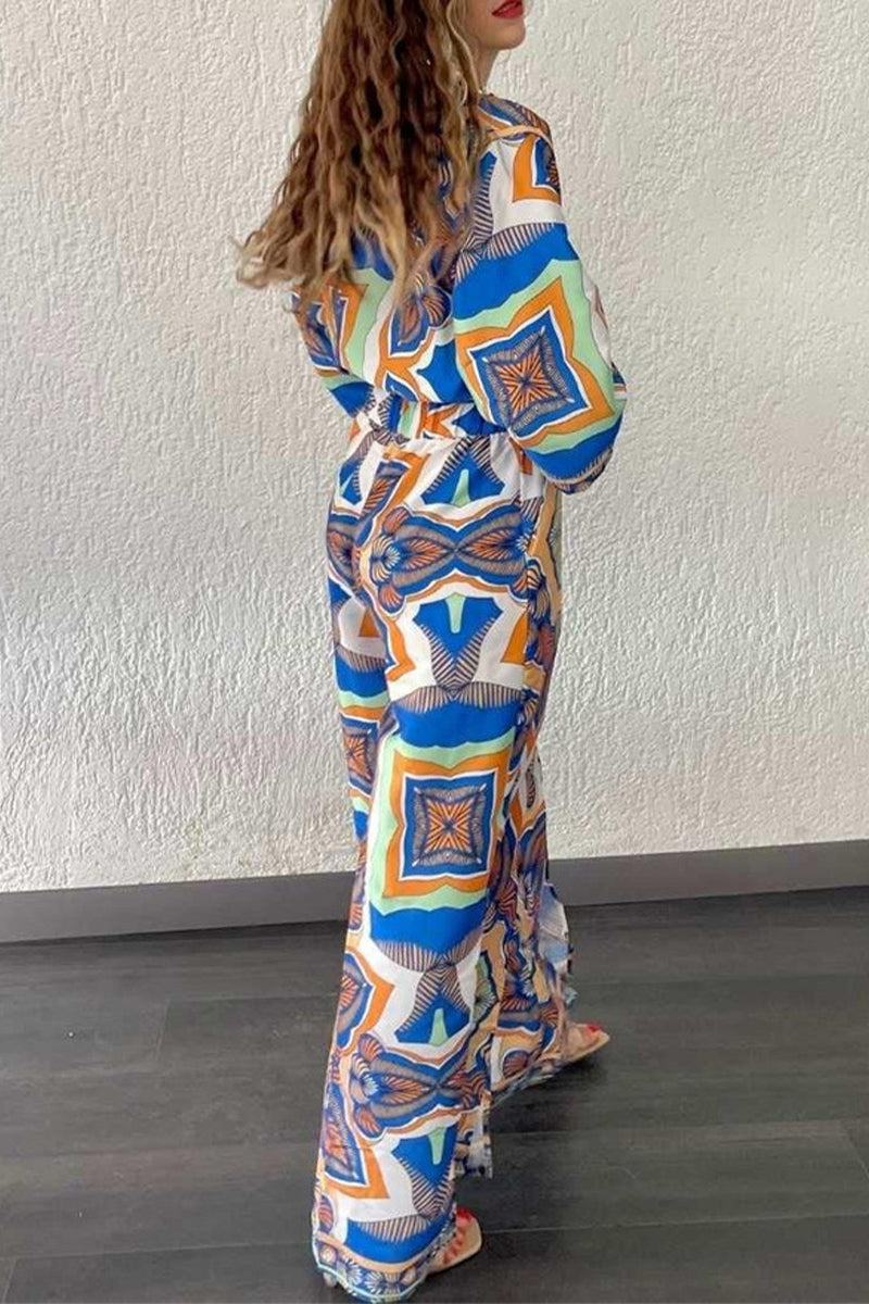 Geometric Print Pocket Slit V Neck Long Sleeve Two Pieces