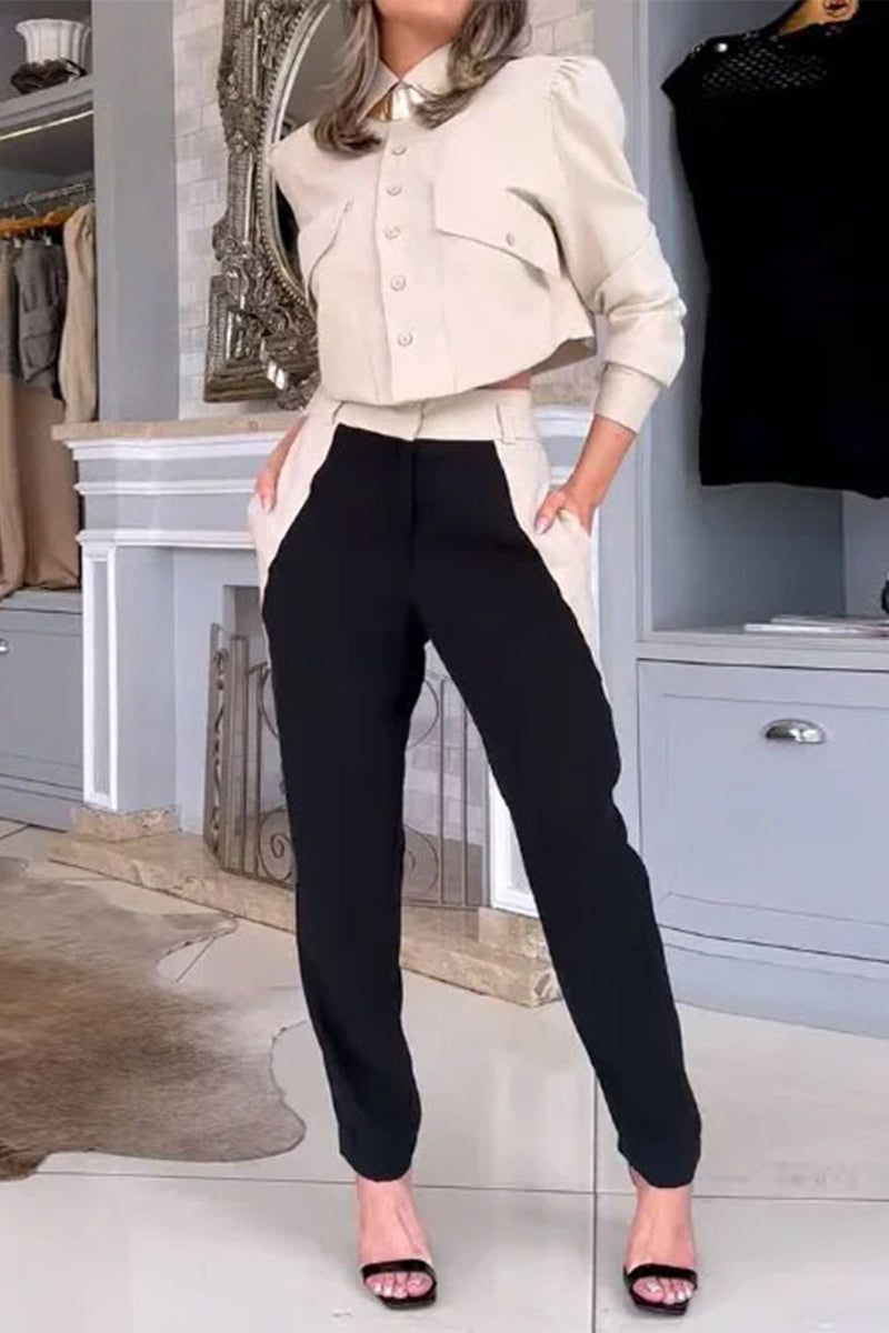 British Style Color Block Pocket Contrast Turndown Collar Long Sleeve Two Pieces