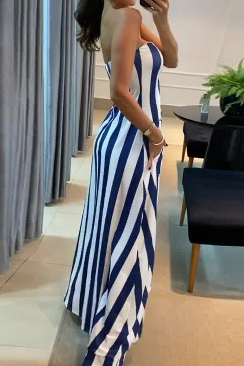 Striped Pocket Slit Strapless Sleeveless Two Pieces