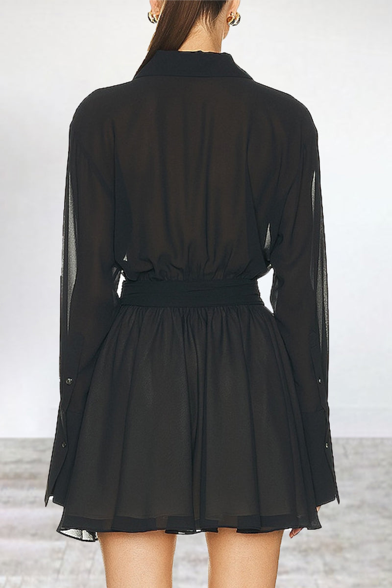 Simplicity Patchwork Turndown Collar Waist Skirt Dresses