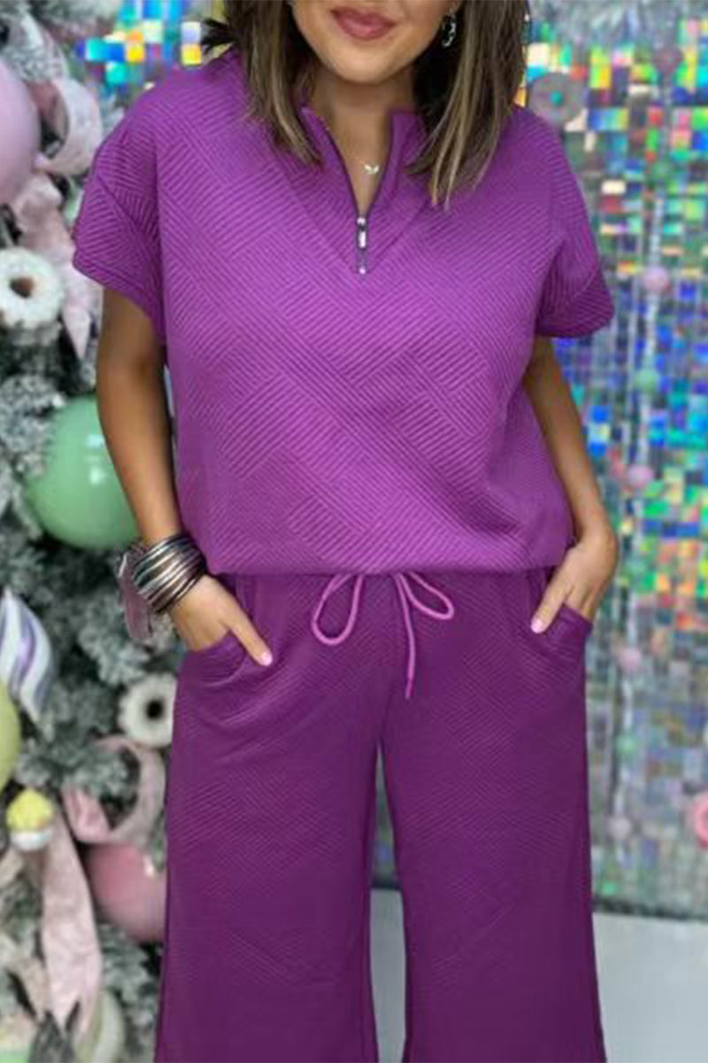 Simplicity Pocket Zipper Texture Turndown Collar Short Sleeve Two Pieces