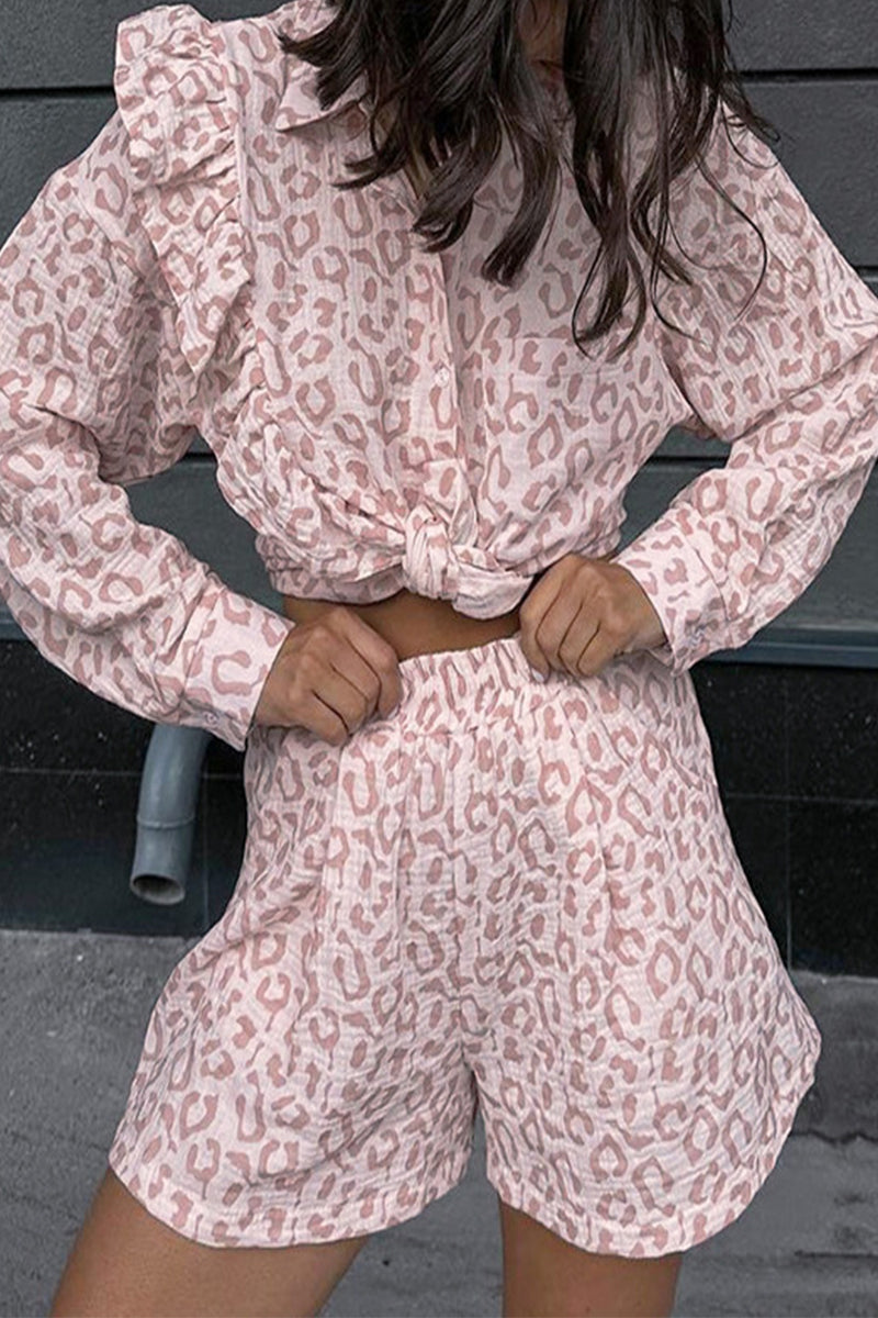 Print Leopard Pocket Flounce Turndown Collar Long Sleeve Two Pieces