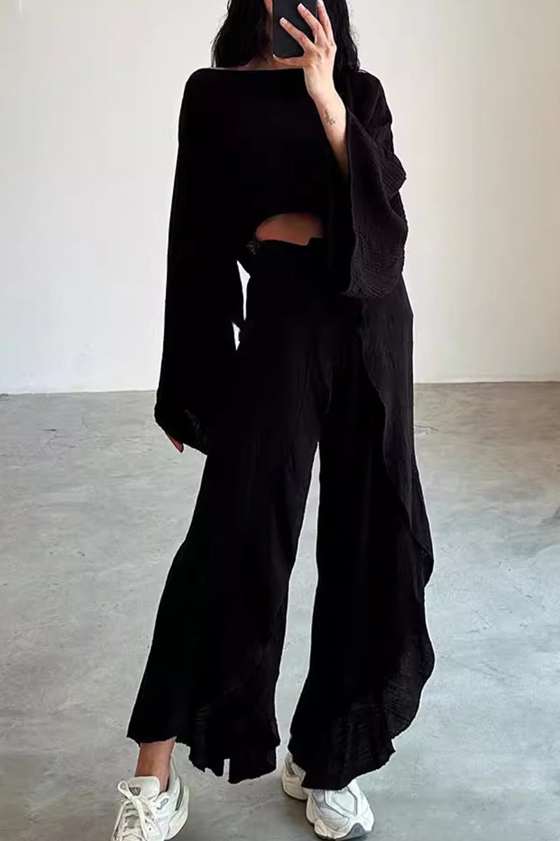 Frenulum Flounce Slit O Neck Long Sleeve Two Pieces