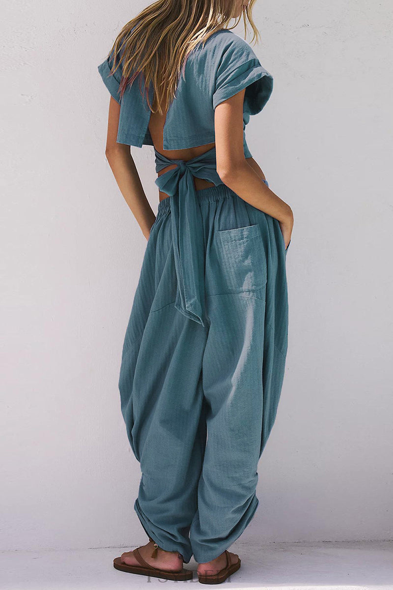 Hollowed Out Strap Design O Neck Short Sleeve Two Pieces