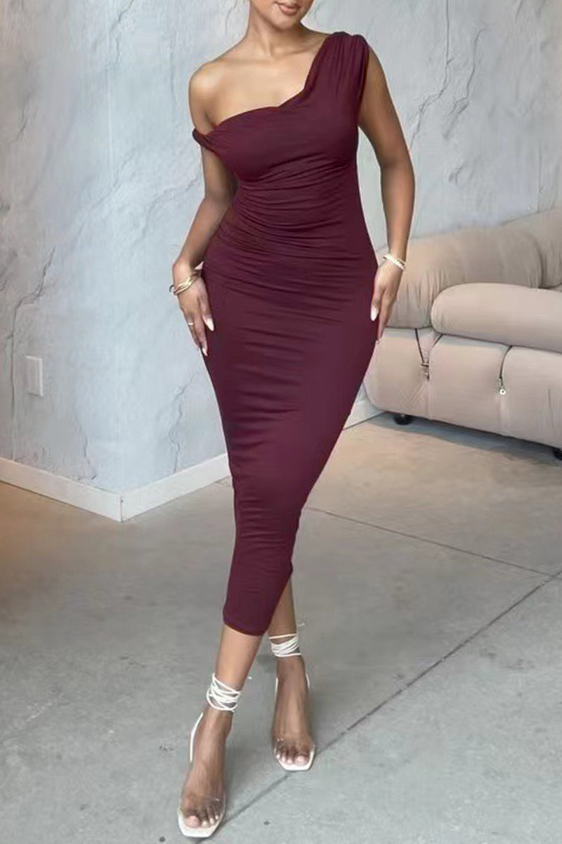 Basic Oblique Collar Wrapped Skirt Dresses