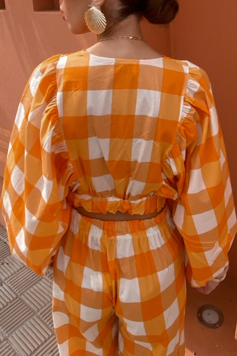 Sweet Plaid Fold Contrast V Neck Long Sleeve Two Pieces