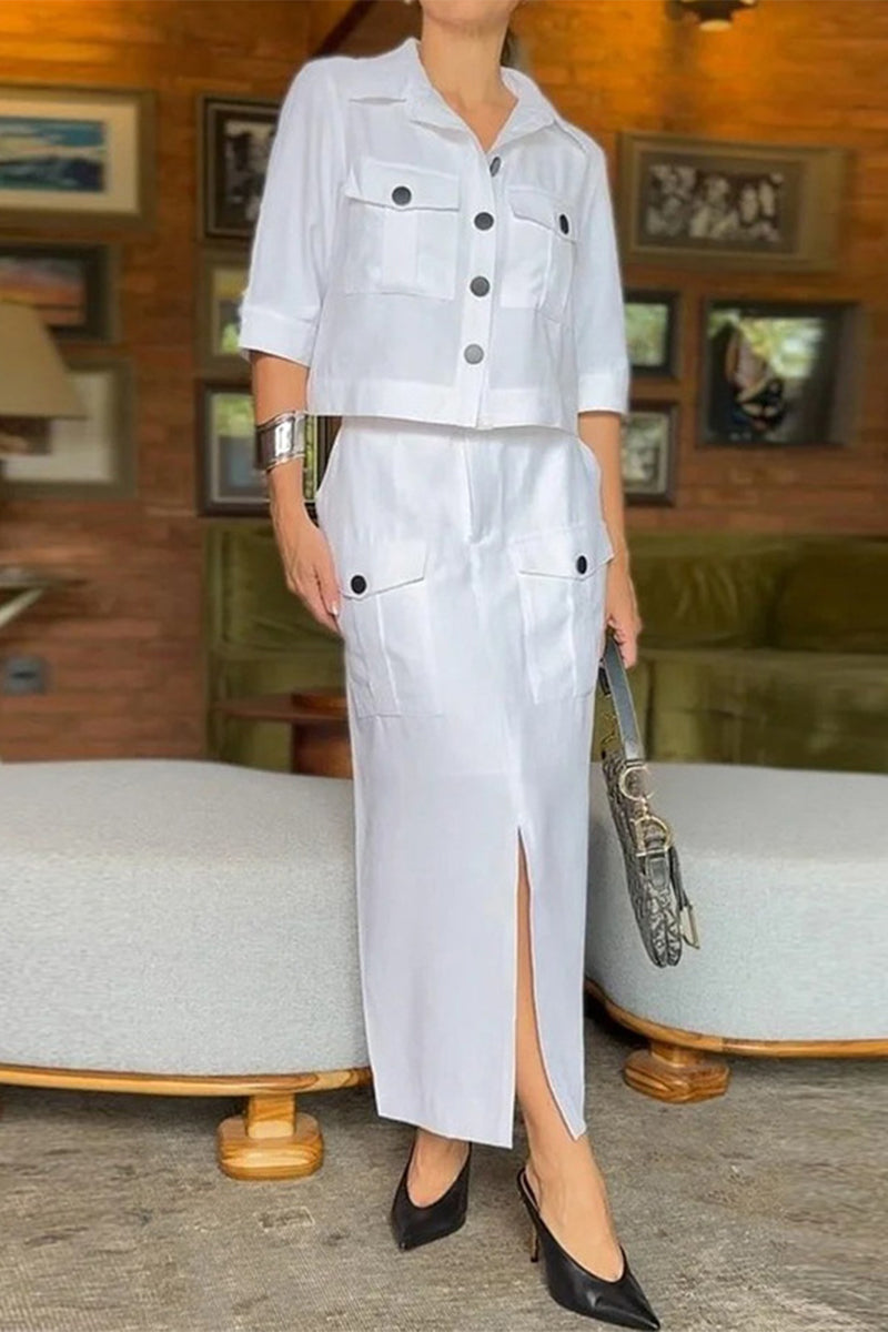 Pocket Buttons Slit Turndown Collar Half Sleeve Two Pieces