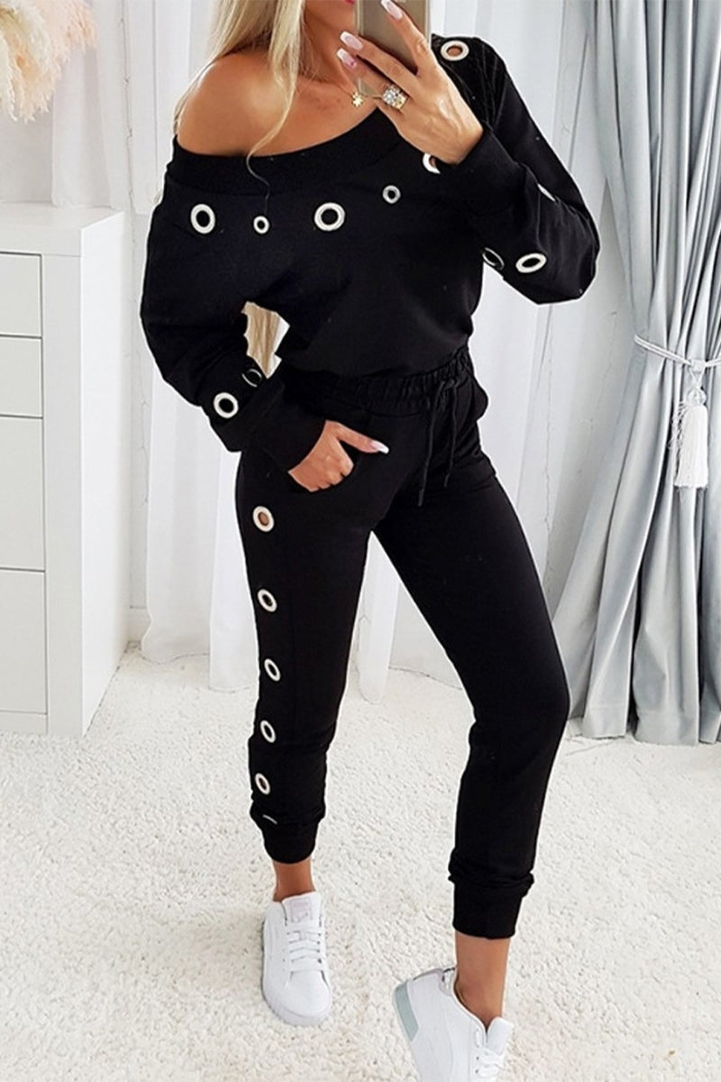 Pocket Metal Accessories Decoration Oblique Collar Long Sleeve Two Pieces