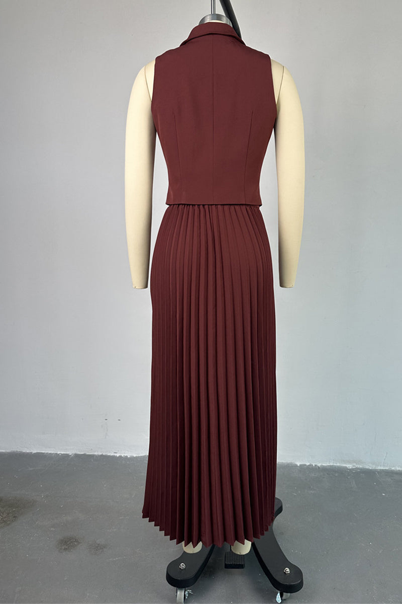 Fold Pleated Turn-back Collar Sleeveless Two Pieces