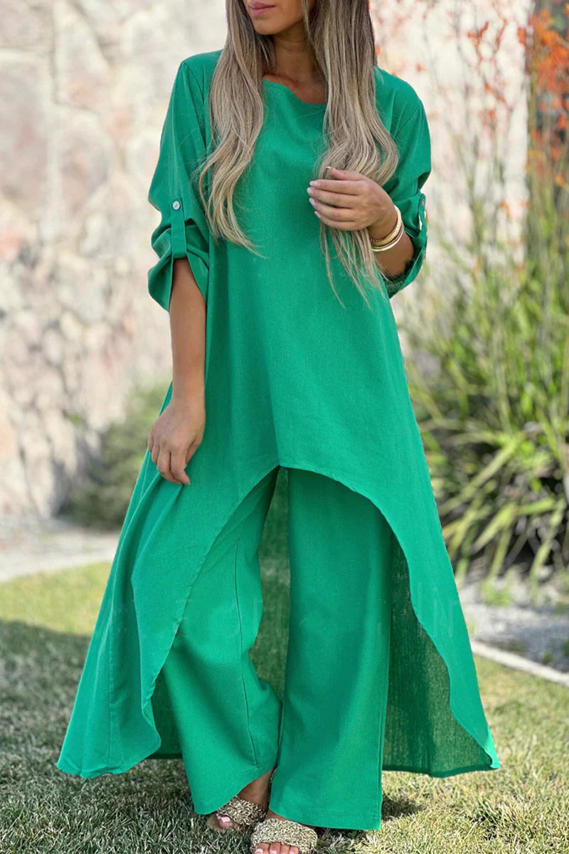 Buttons Asymmetrical O Neck Long Sleeve Two Pieces