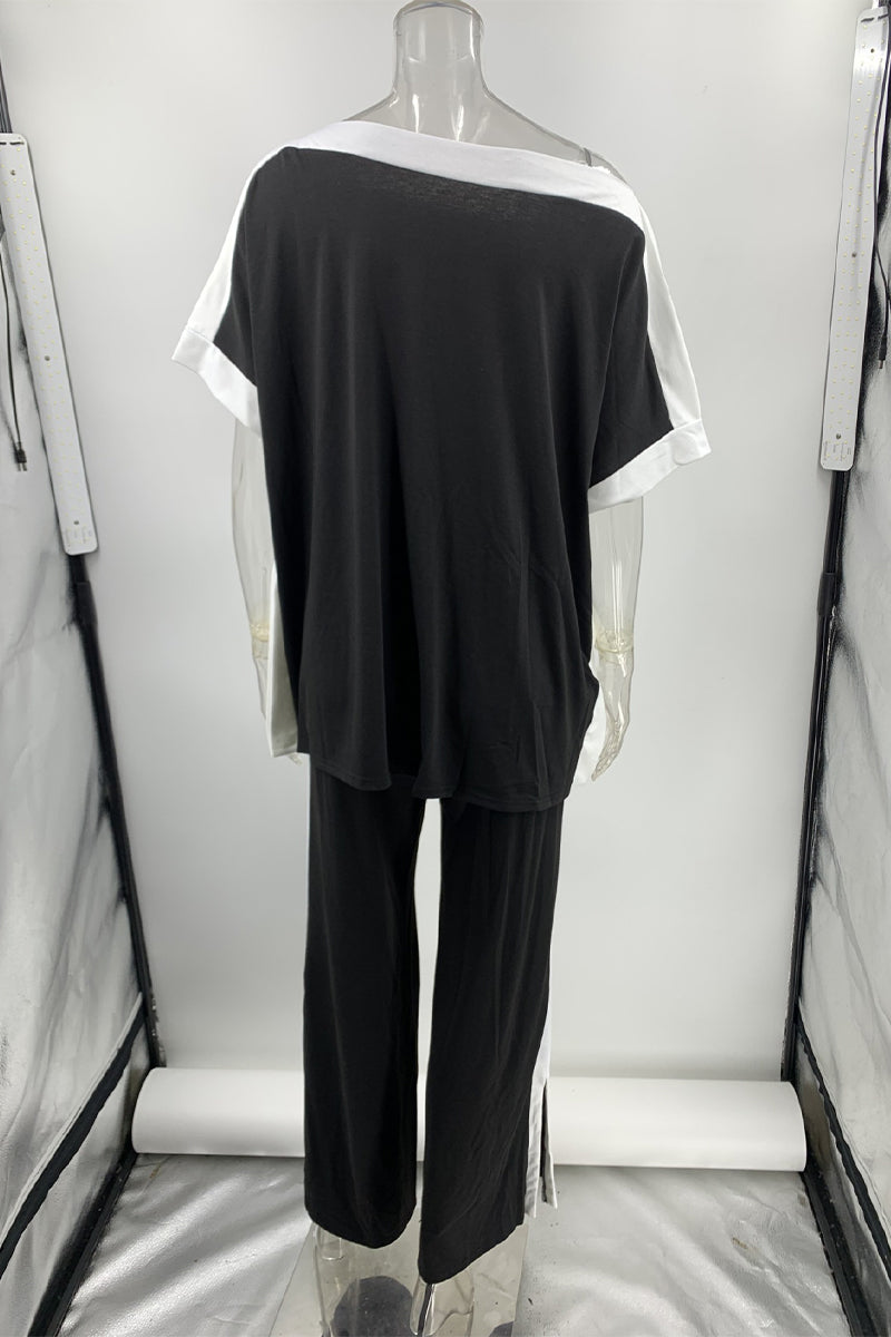 Striped Patchwork Oblique Collar Half Sleeve Two Pieces