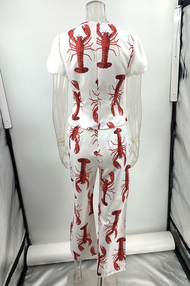 Print Animal Frenulum With Bow V Neck Short Sleeve Two Pieces