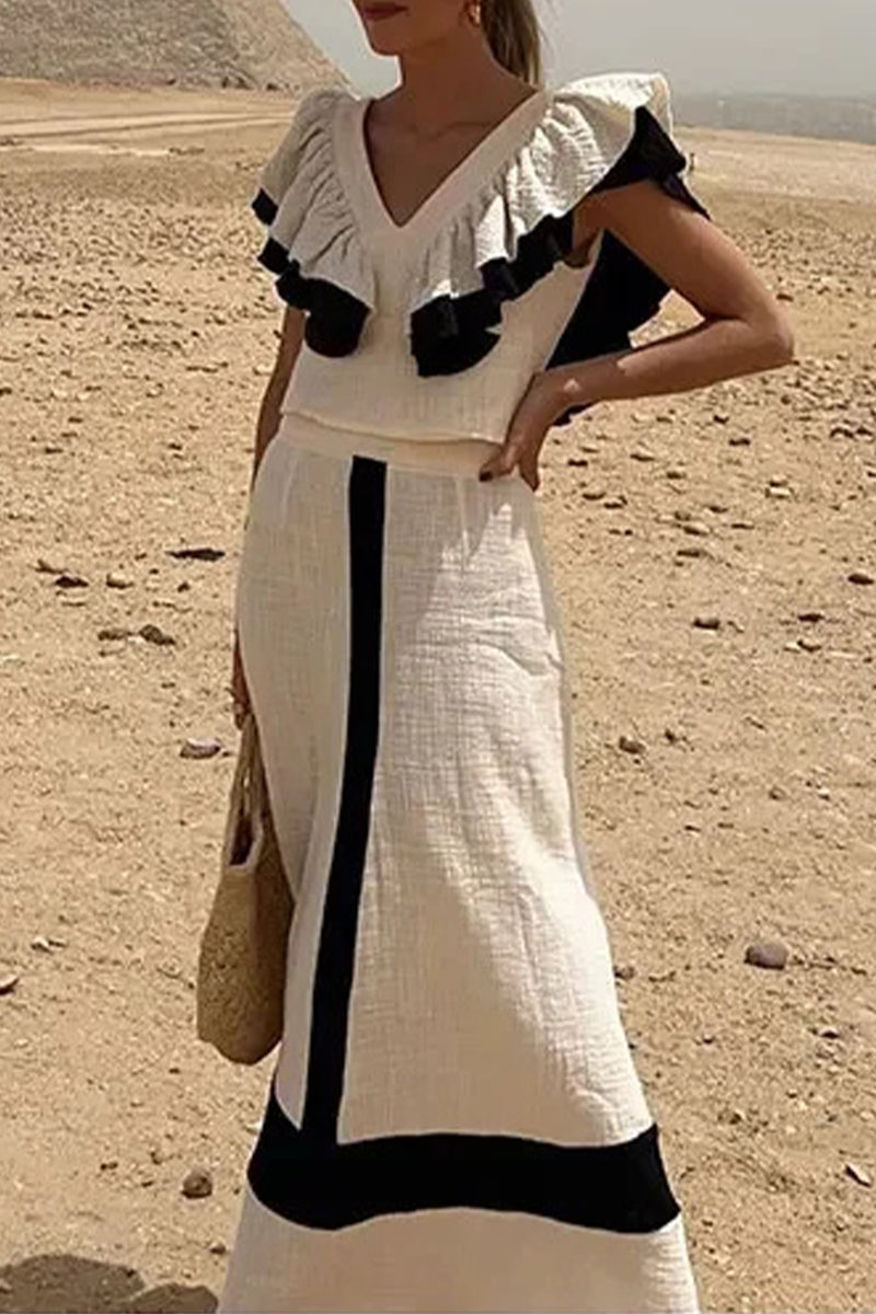 Flounce Contrast V Neck Two Pieces