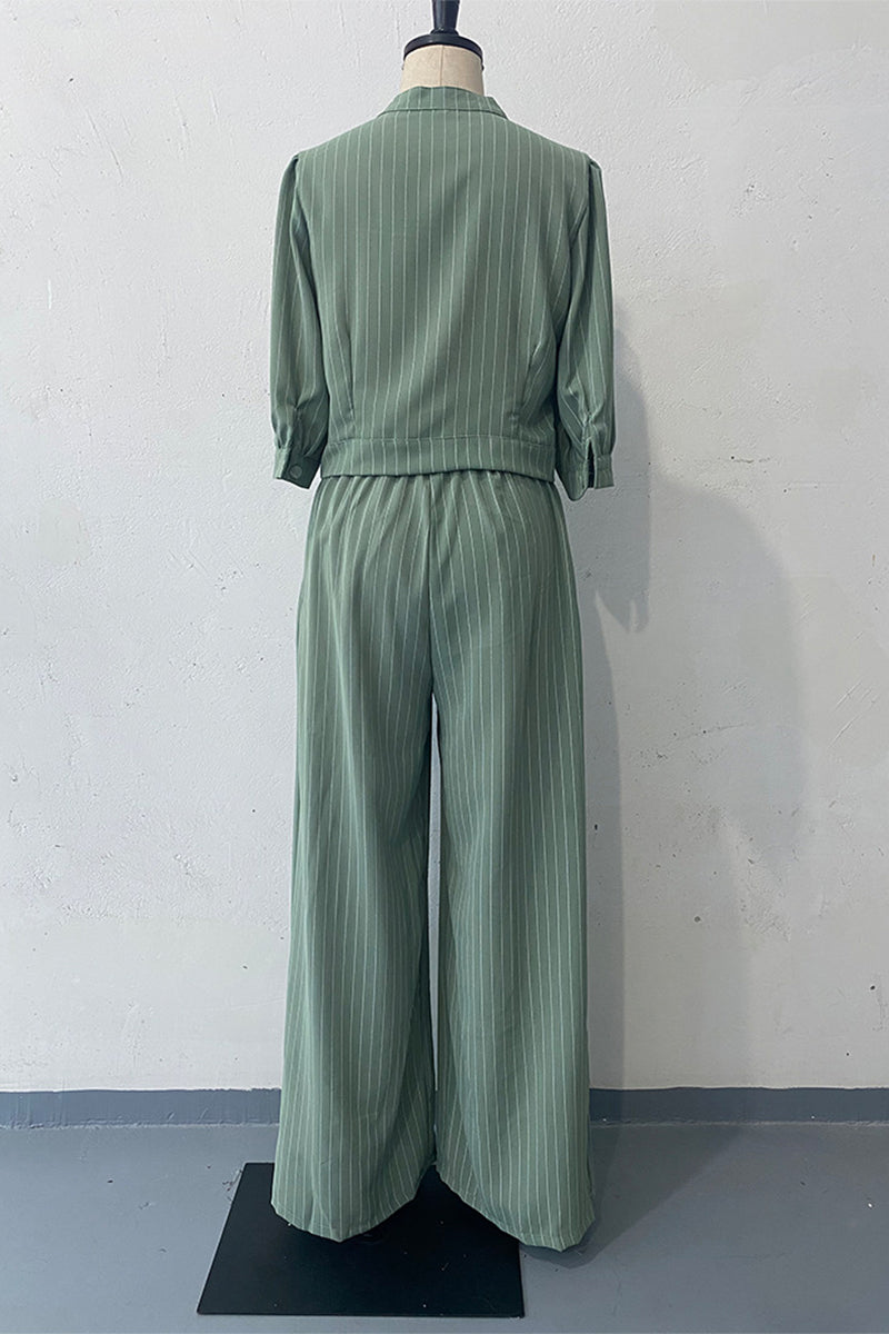 Striped Pocket Buttons O Neck Half Sleeve Two Pieces