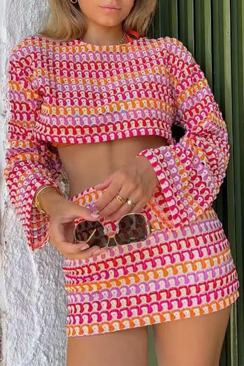 Colorblock Lace Contrast O Neck Long Sleeve Two Pieces