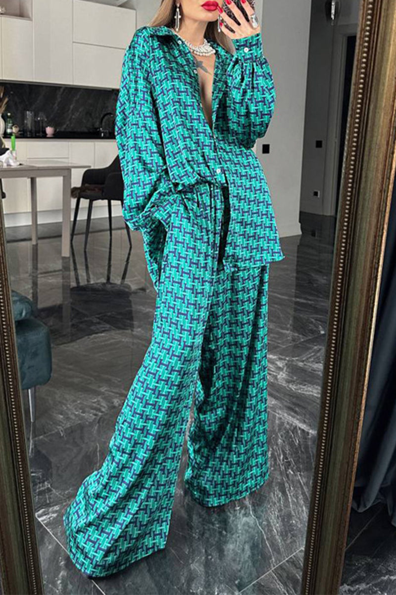 Daily Geometric Print Contrast Turndown Collar Long Sleeve Two Pieces