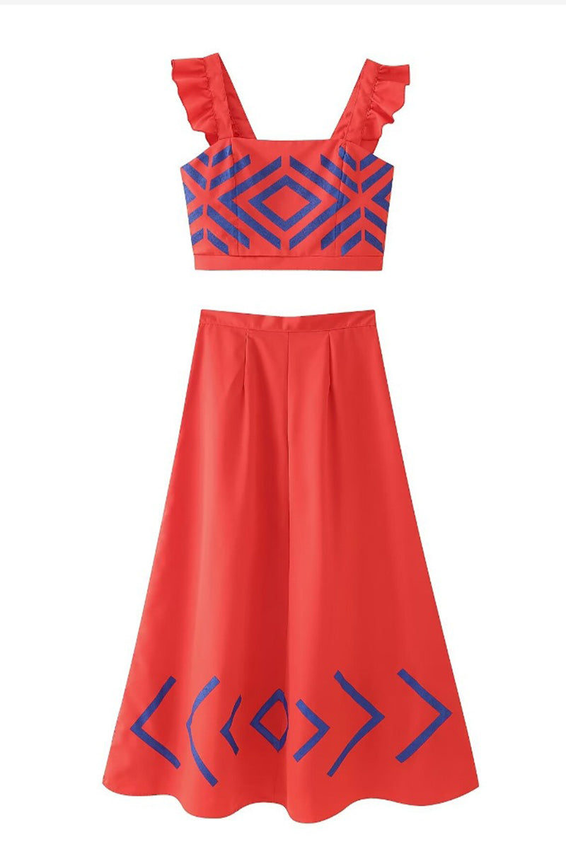 Vacation Geometric Print Ruffle Square Neck Two Pieces