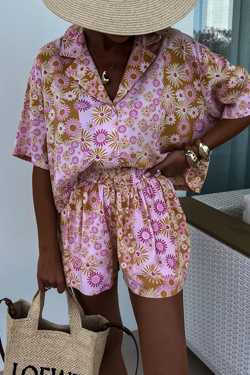 Street Print Patchwork Turndown Collar Short Sleeve Two Pieces