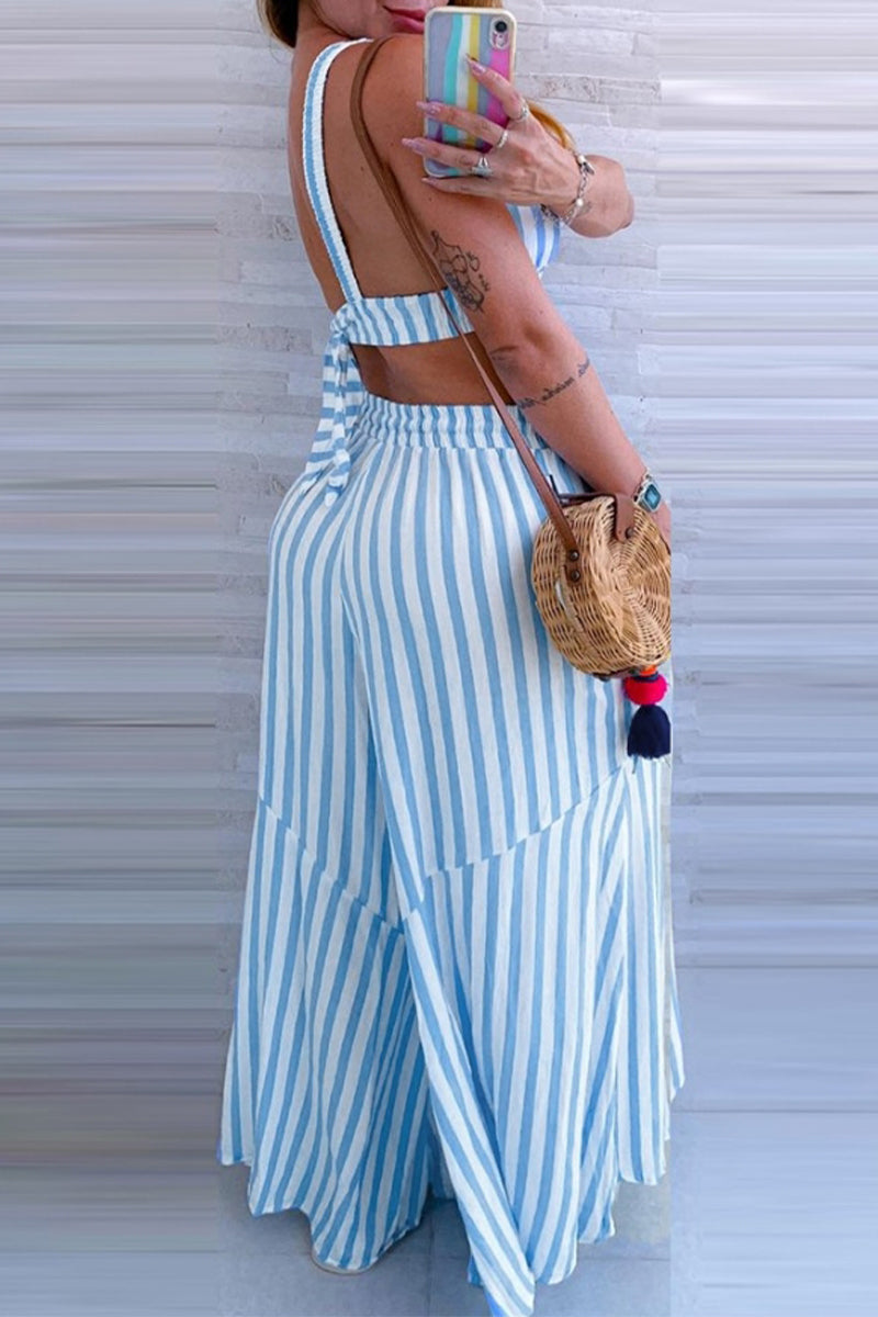 Street Stripe Pocket Lace Up Ruffle V Neck Sleeveless Two Pieces