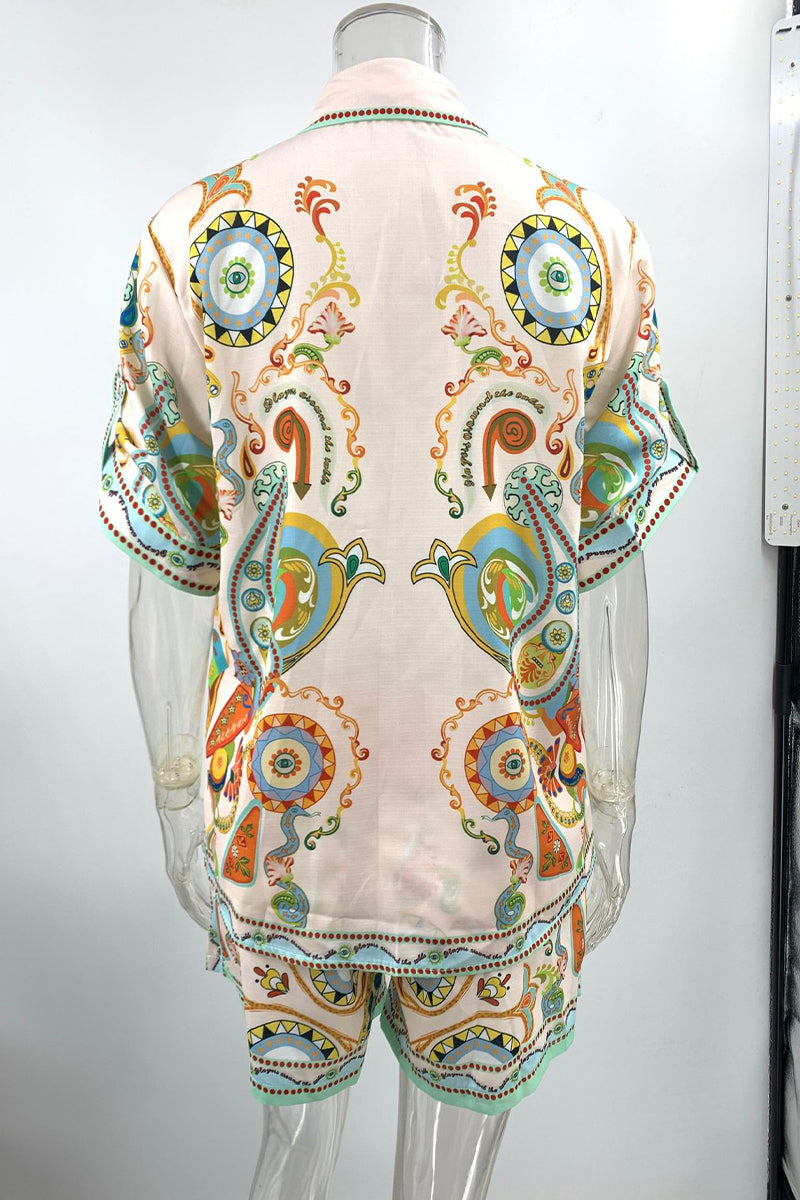 Street Graffiti Print Pocket Turndown Collar Short Sleeve Two Pieces