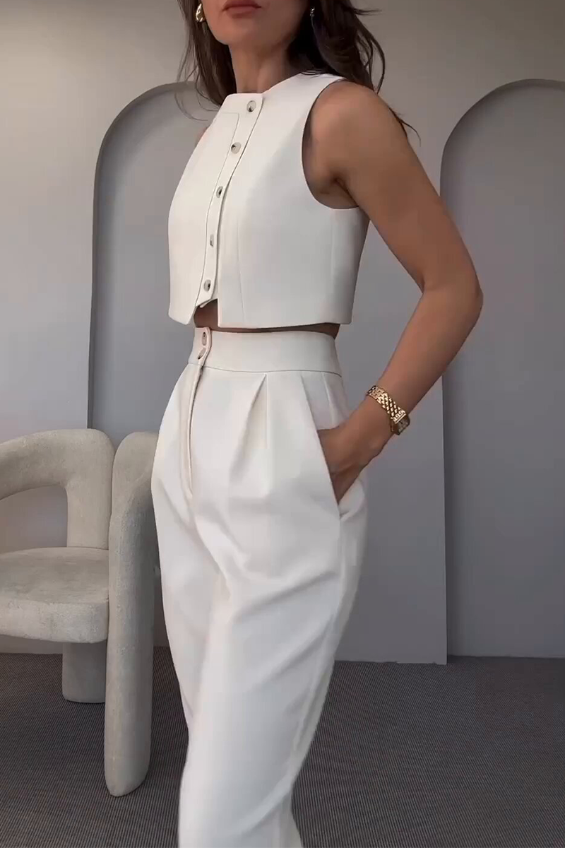Pocket Buttons O Neck Sleeveless Two Pieces