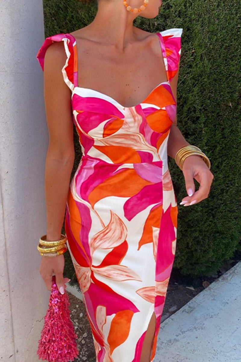 Print Slit Square Neck Wrapped Skirt Dresses