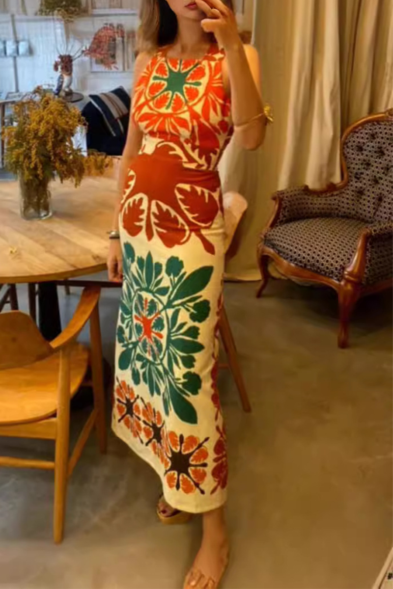 Geometric Print Patchwork Backless Square Neck One Step Skirt Dresses