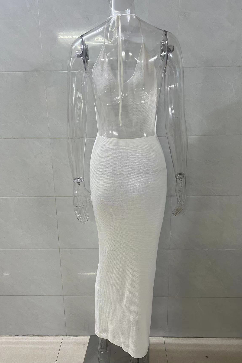 Color Lace Up Backless Halter One Step Skirt Dresses