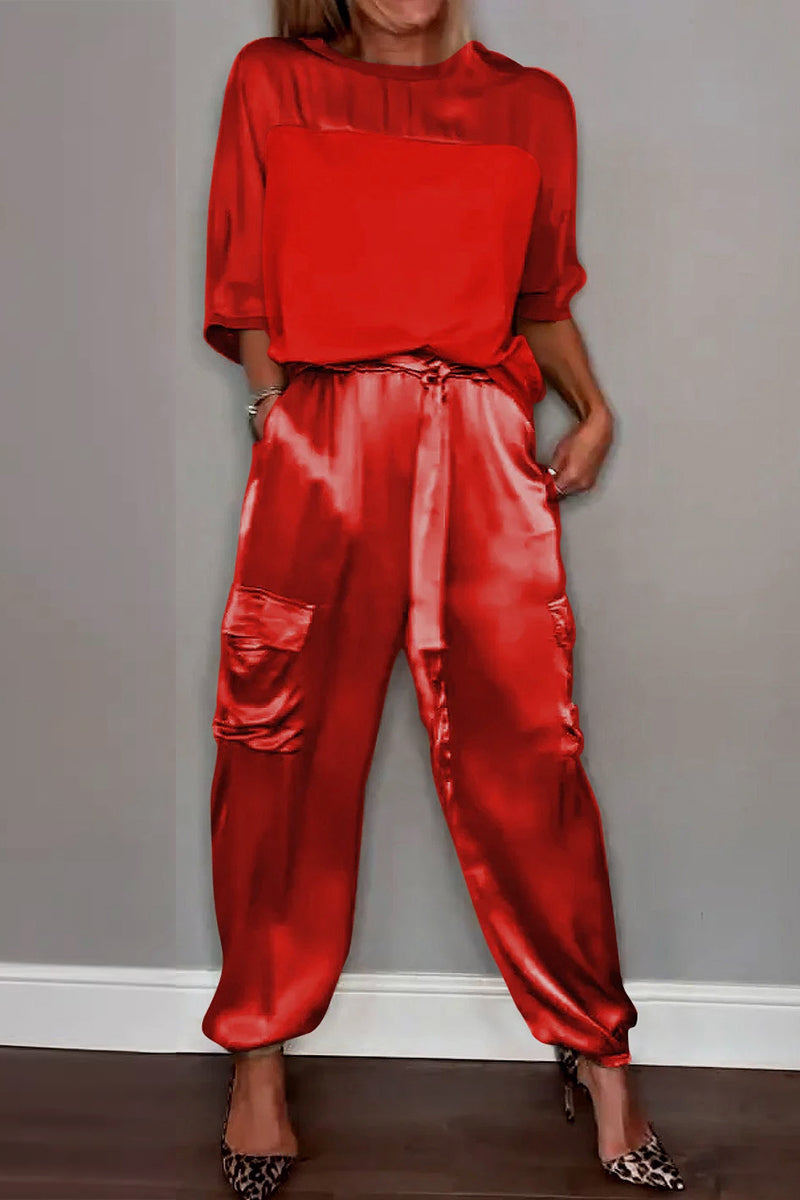 Pocket O Neck Short Sleeve Two Pieces
