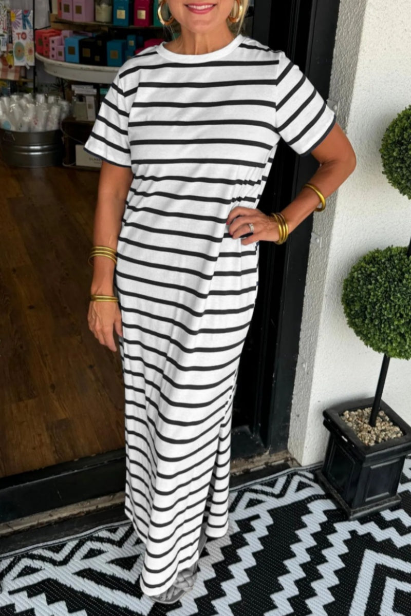Striped Print Slit O Neck Long Dresses(6 Colors)