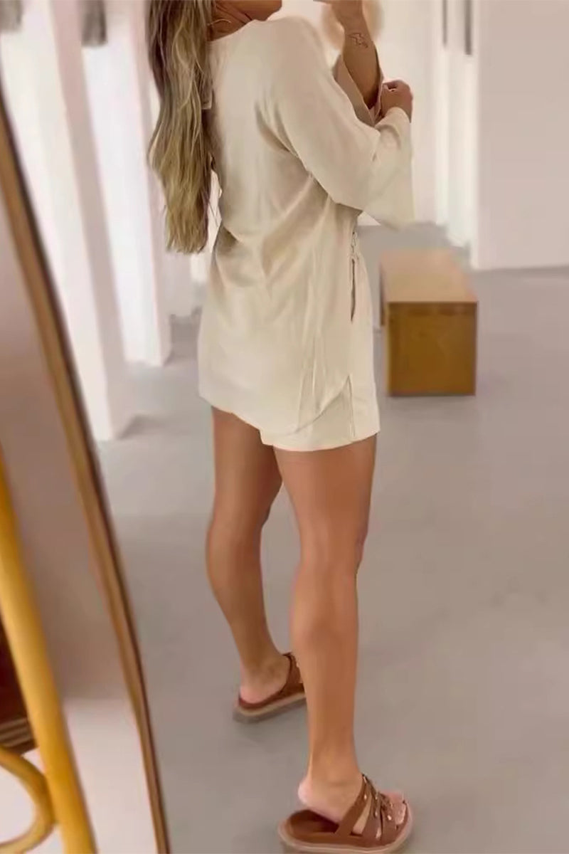 Daily Color Pocket V Neck Long Sleeve Two Pieces