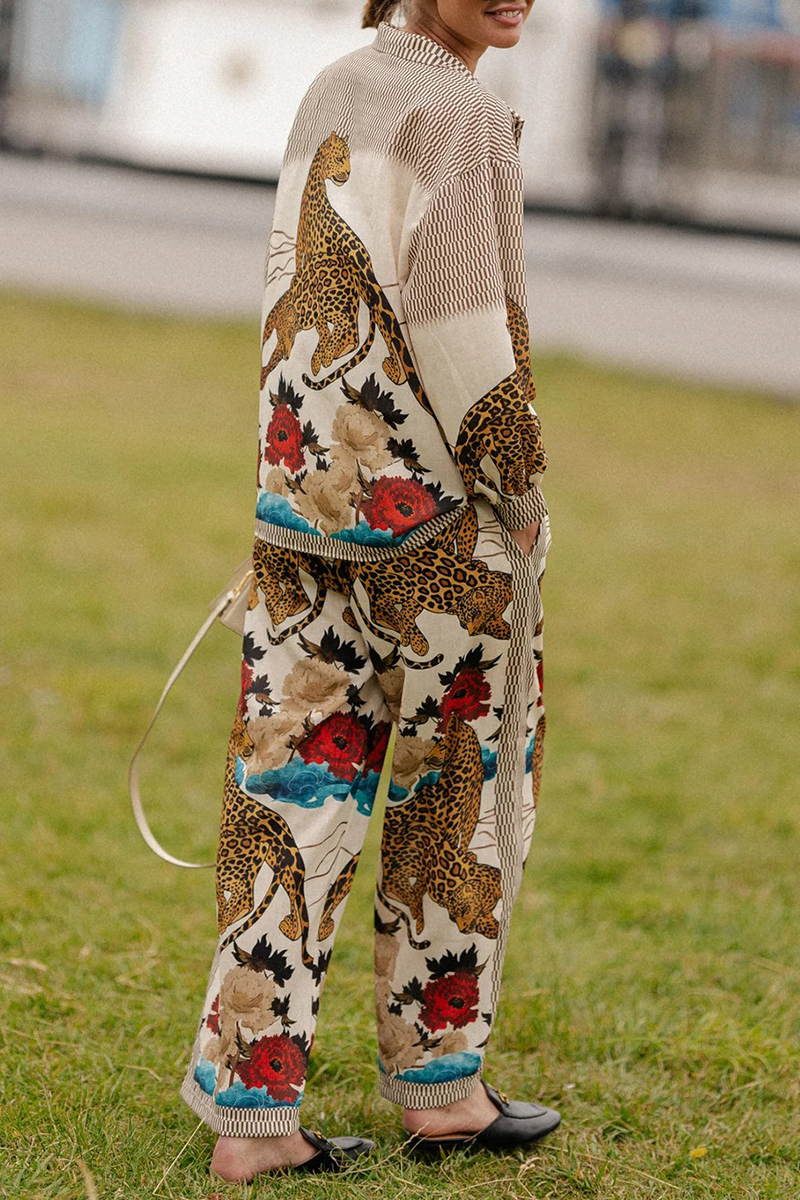 Street Cartoon Print Pocket Turndown Collar Long Sleeve Two Pieces