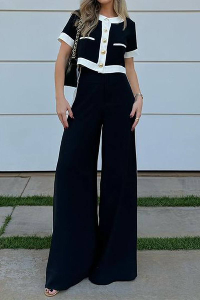 Street Color Buttons Contrast Short Sleeve Two Pieces