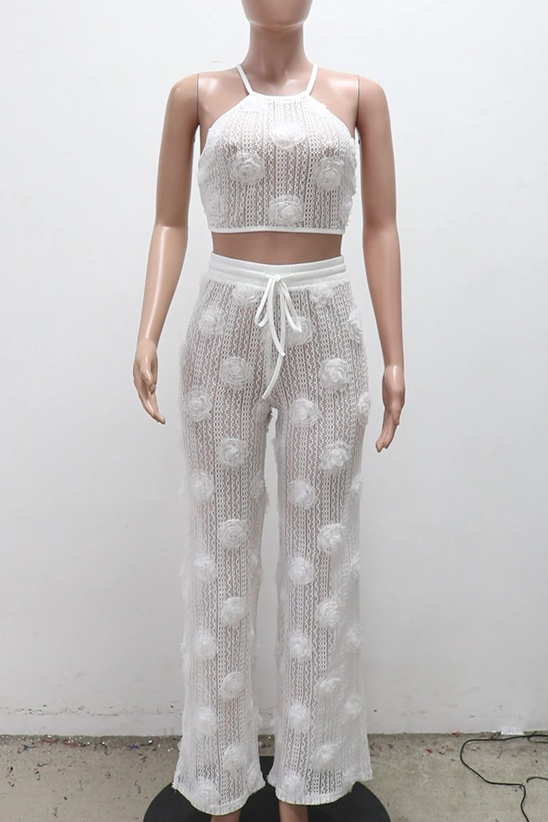 Flowers Patchwork See-through Backless Cross Straps Strap Design Halter Sleeveless Two Pieces