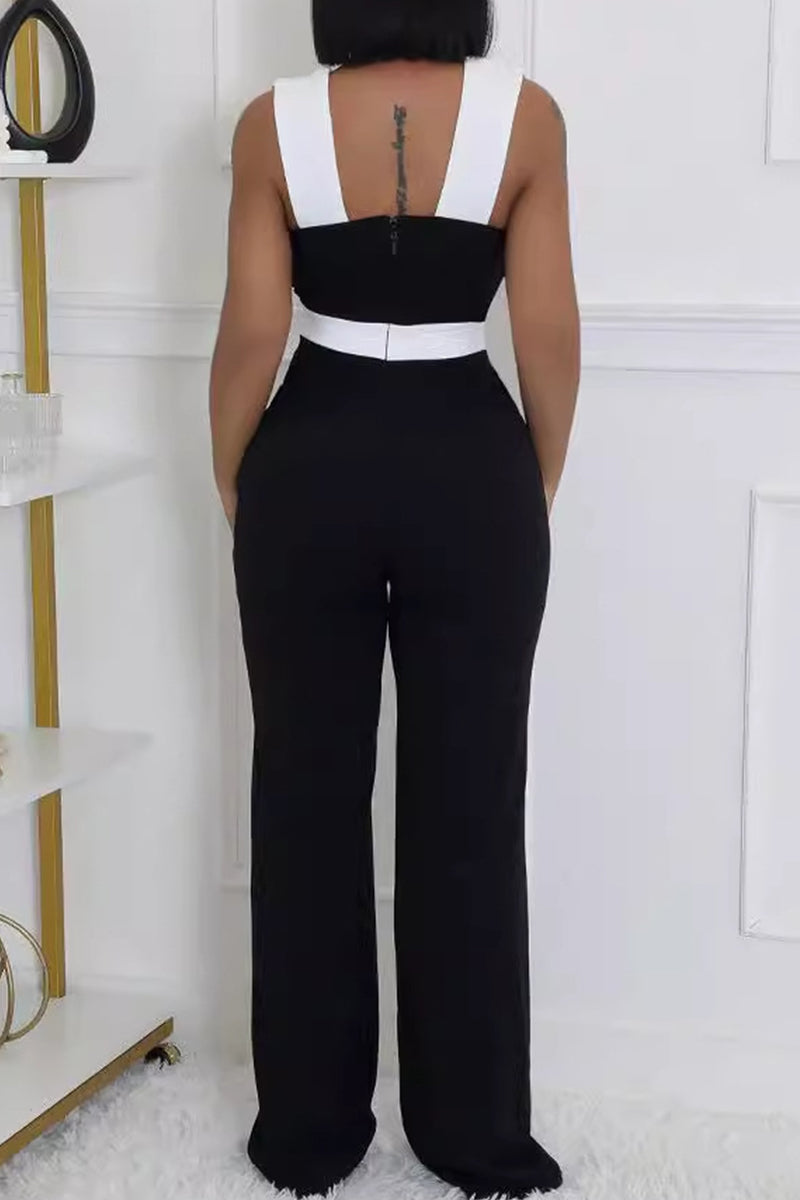 Hollow Out Patchwork Backless V Neck Regular Jumpsuits