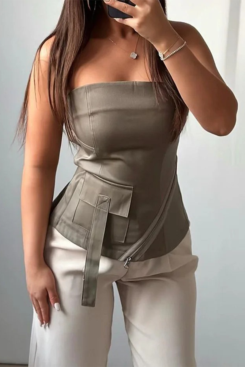 Street Color Pocket Patchwork Strapless Sleeveless Two Pieces