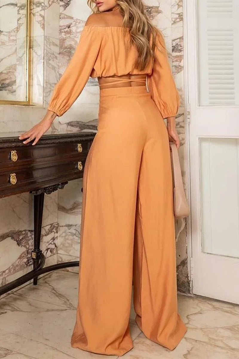 Color Lace Up Off Shoulder Long Sleeve Two Pieces