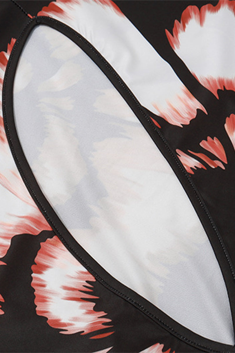 Flowers Print Hollow Out O Neck One Step Skirt Dresses