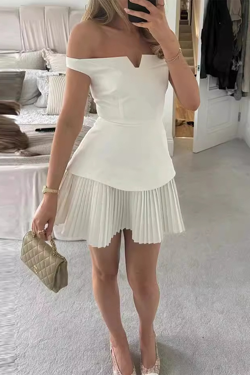 Celebrities Color Patchwork Pleated Off Shoulder Mini Dresses