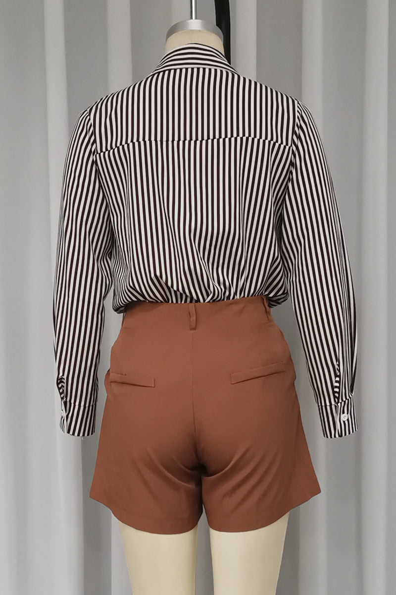Striped Print Pocket Turndown Collar Long Sleeve Two Pieces