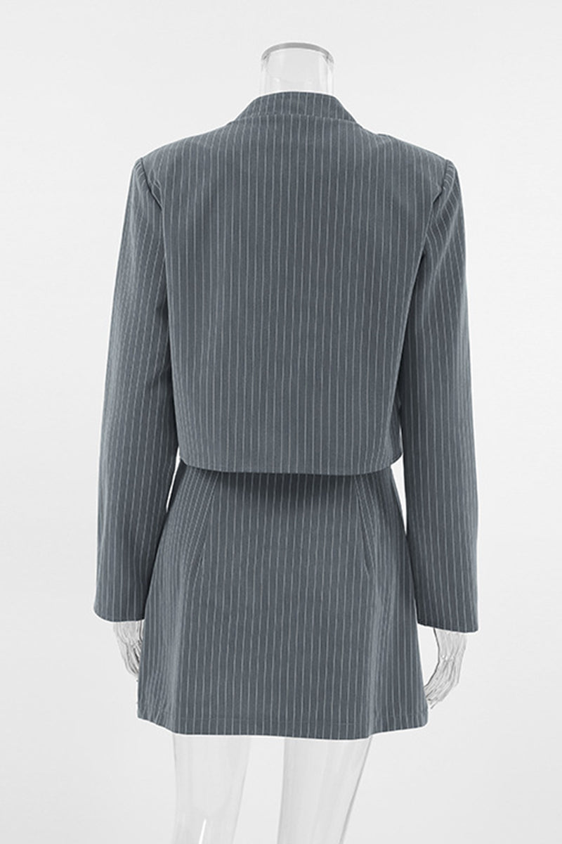 Stripe Buttons Patchwork Pleated Mandarin Collar Long Sleeve Two Pieces