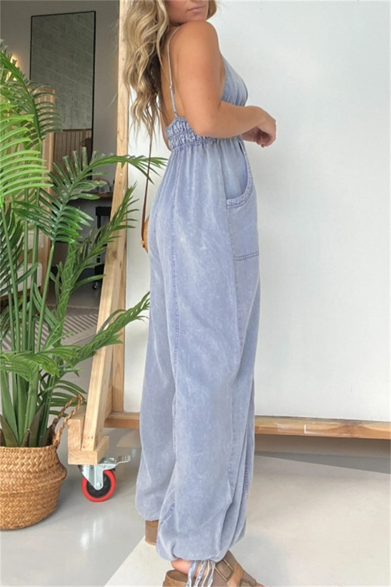 Color Patchwork Backless Spaghetti Strap Fitted Jumpsuits(5 Colors)