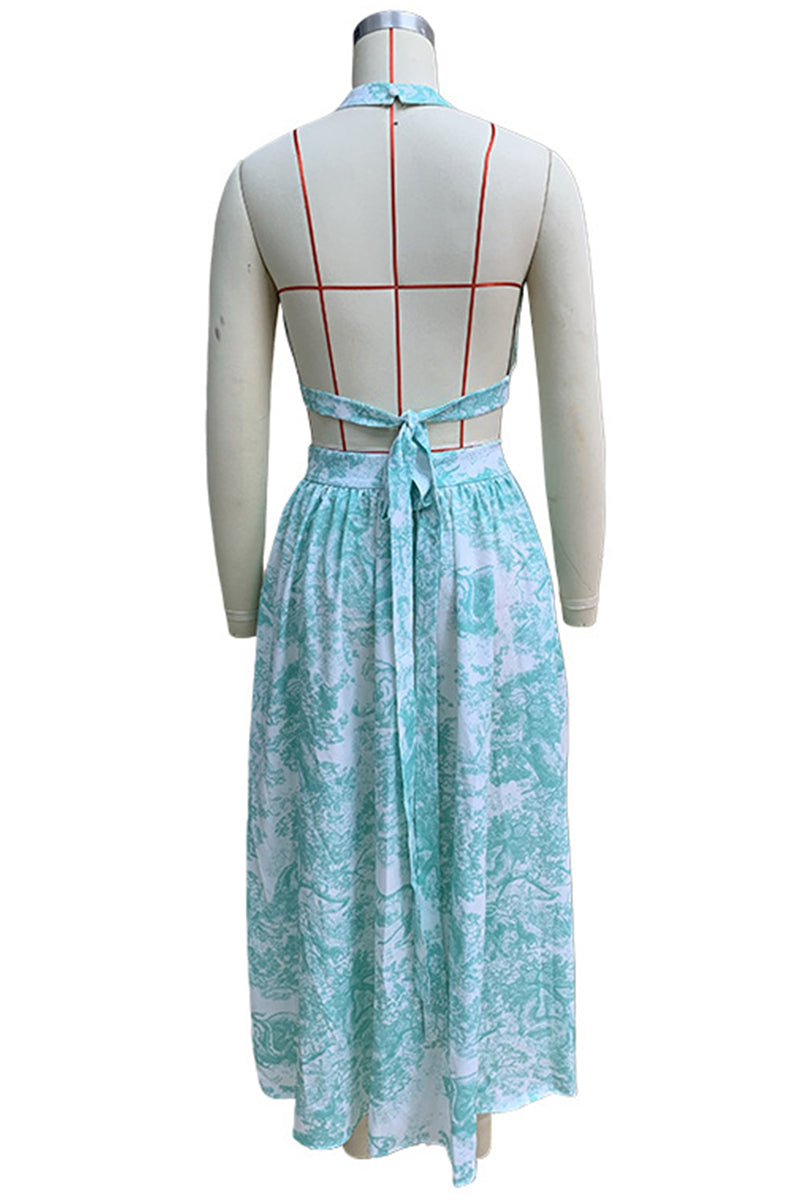 Street Print Pocket Lace Up Buckle Backless Halter Sleeveless Two Pieces