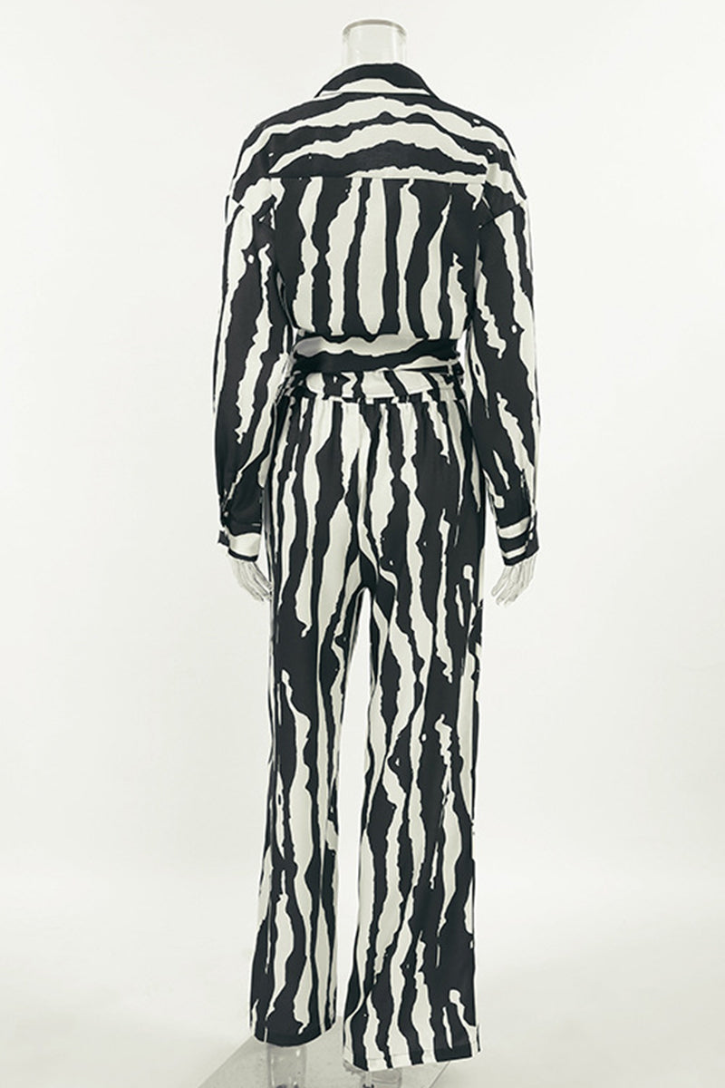 Zebra Print Lace Up Contrast Turndown Collar Long Sleeve Two Pieces