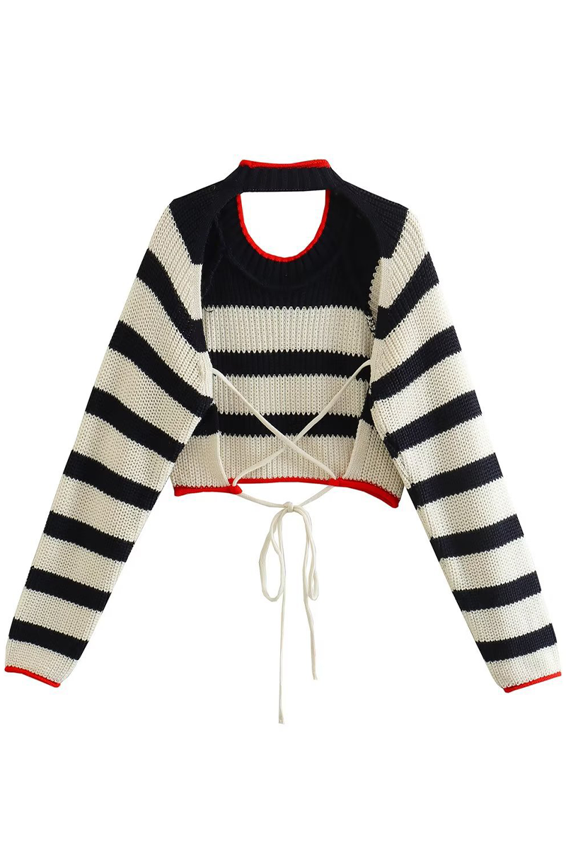 Stripe Lace Up Backless Weave Contrast O Neck Sweaters