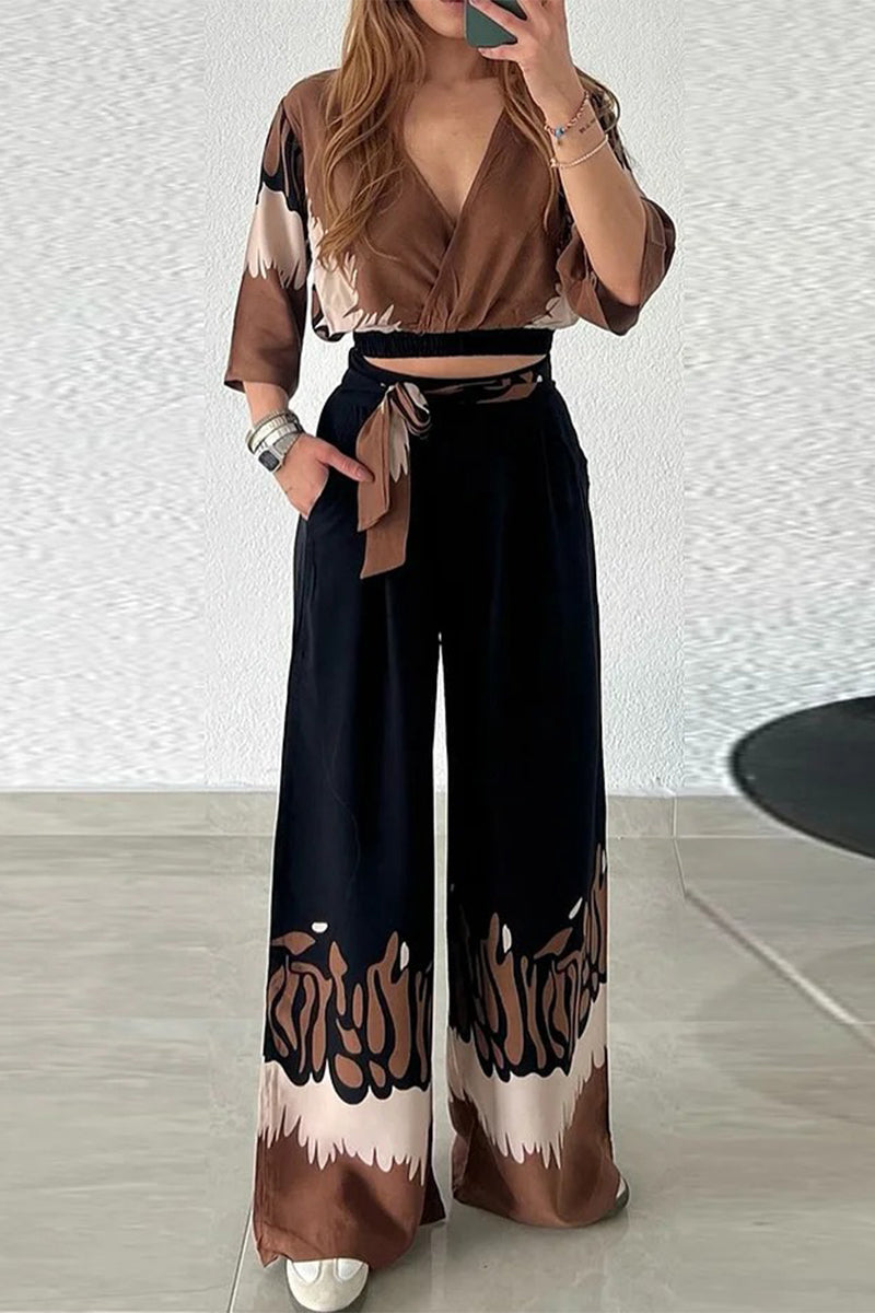 Gradient Print Pocket Contrast V Neck Nine Points Sleeve Two Pieces